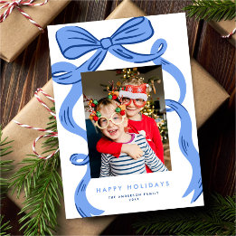 Big Bold Bright Blue Bow Christmas Photo Holiday Card