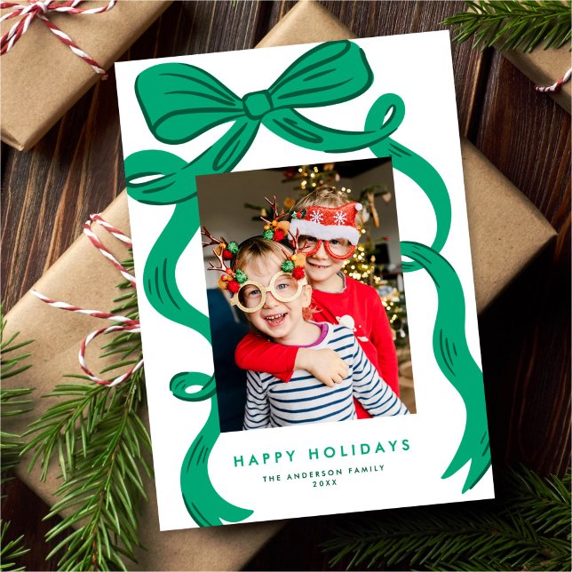 Big Bold Bright Green Bow Christmas Photo Holiday Card (Creator Uploaded)