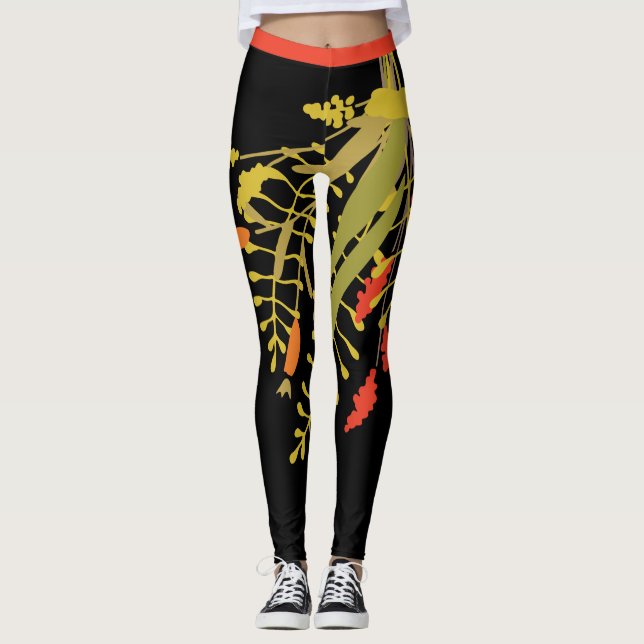 Big Bold  Bright Green Red Botanical Leggings (Front)