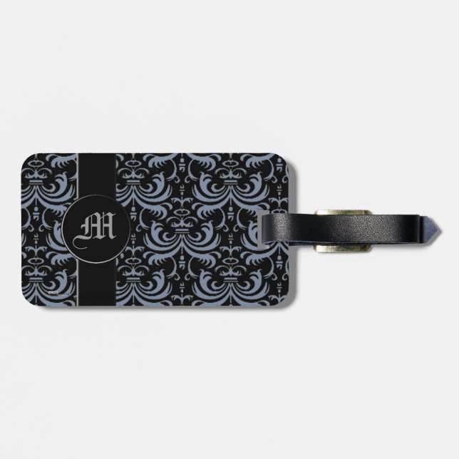 Big Bold Damask (Smokey Blue) (Monogram) Luggage Tag (Back Horizontal)