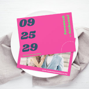 Big Bold Date Hot Pink Retro Photo Website Wedding Save The Date