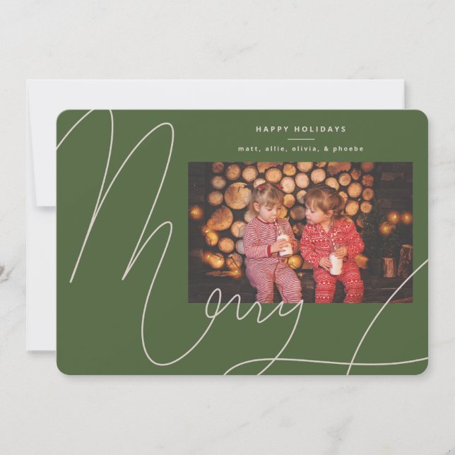 Big Bold Fun Olive Green Script Merry Holiday Card (Front)