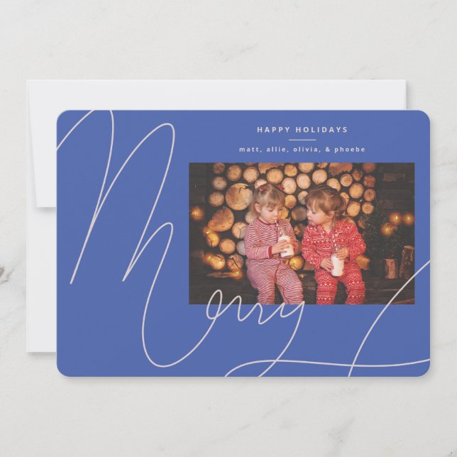 Big Bold Fun Periwinkle Blue Script Merry Holiday Card (Front)