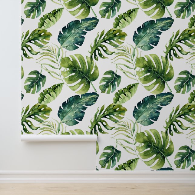 Big Bold Green Tropical Leaves Pattern Wallpaper (Application)