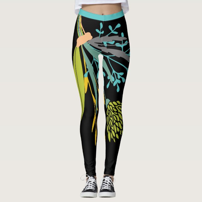 Big Bold  Lime Green Blue Botanical Leggings (Front)