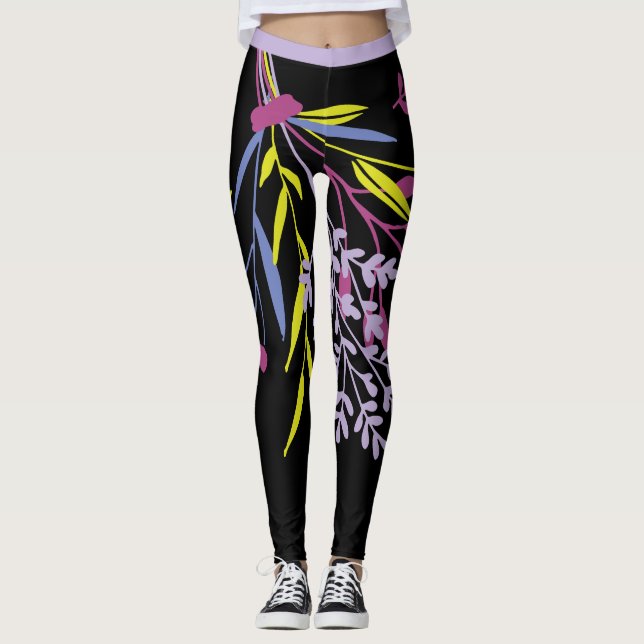 Big Bold  Lime Green Purple Botanical Leggings (Front)