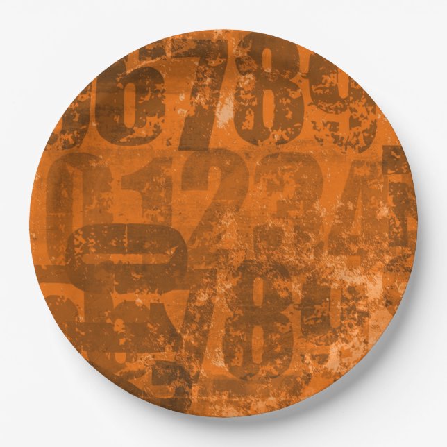 Big Bold Numbers on Brownish Orange Grunge Texture Paper Plate (Front)
