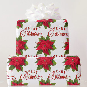 Big Bold Poinsettia Red Merry Christmas White Wrapping Paper