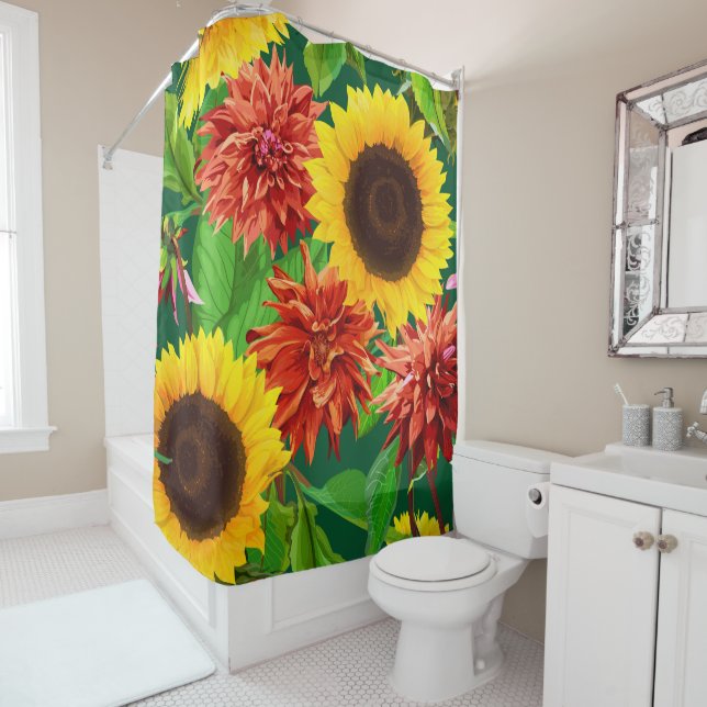 Big Bold Sunflowers and Chrysanthemums Shower Curtain (In Situ)
