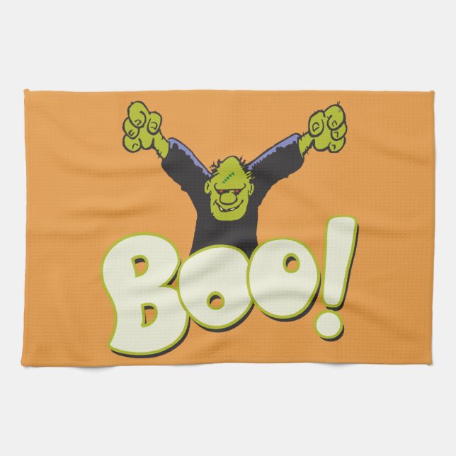 Big BOO - Frankenstein Monster Halloween Orange Tea Towel (Horizontal)