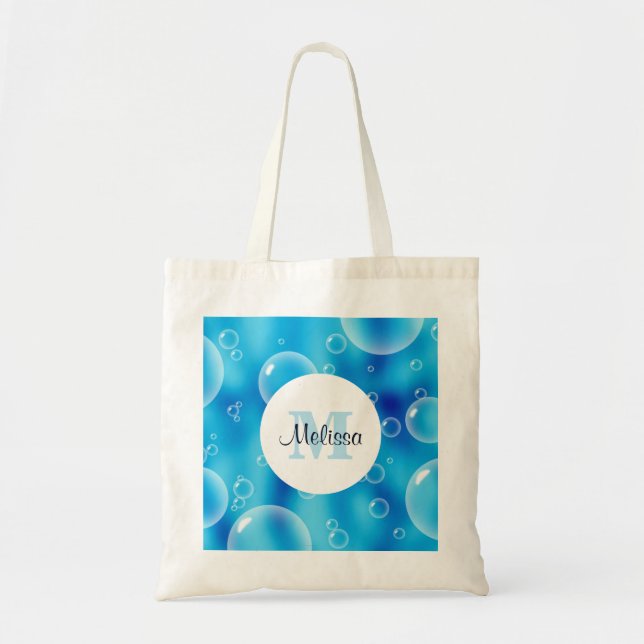 Big Bouncing Blue Bubbles Monogram Tote Bag (Front)