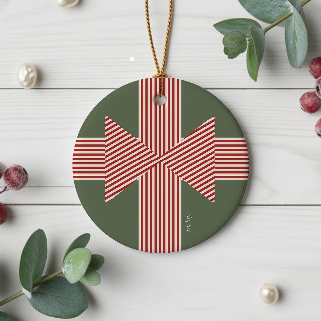 Big Bow of Striped Ribbon Ceramic Tree Decoration (Bold Ceramic Ornament with Custom Message)