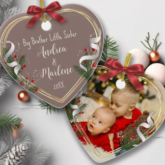 Big Bro Little Sis Photo Holly Pine Gold Frame  Ceramic Tree Decoration