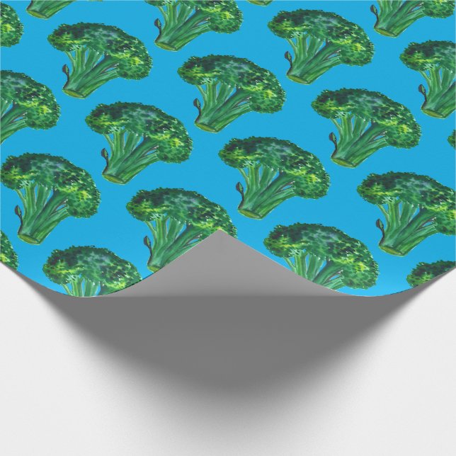 Big broccoli on blue gift wrap watercolor (Corner)