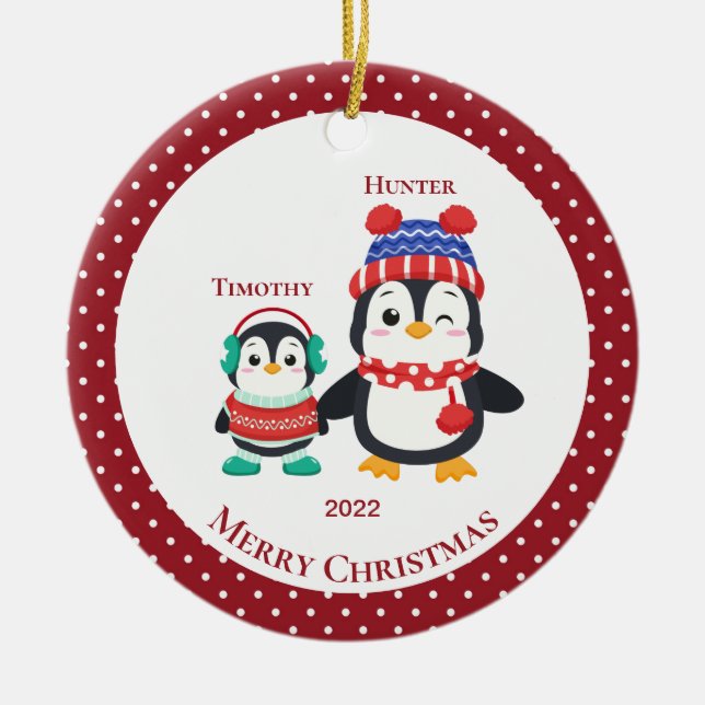 Big Brother & Lil' Brother Penguin Personalised   Ceramic Tree Decoration (Front)