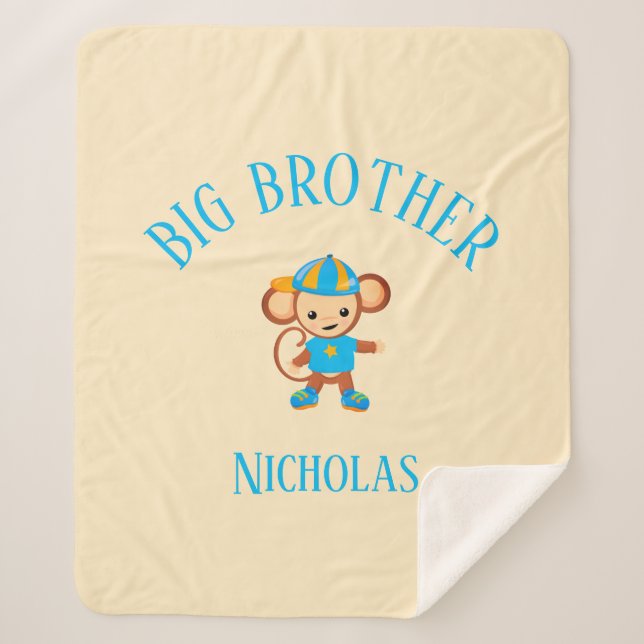 Big Brother Personalised with Name Monkey Sherpa Blanket (Front)