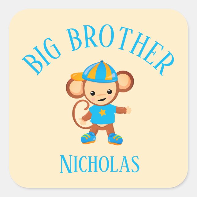 Big Brother Personalised with Name Monkey Square Sticker (Front)