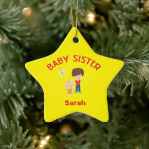 Big Brother with Baby Sister Name Year Star Custom Ceramic Tree Decoration