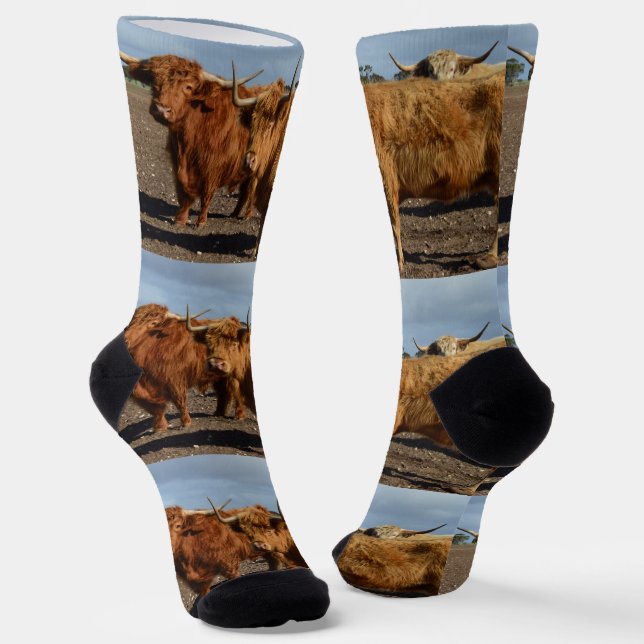 Big Brown Highland Cows, Crew Socks (Angled)
