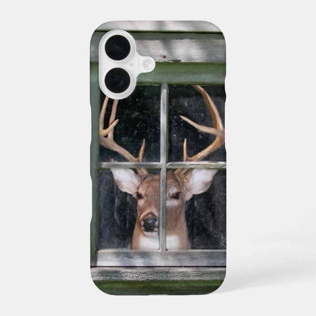 big buck in rustic window iPhone 16 case (Back)