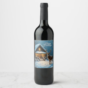 Big Buck Snowy Christmas Visit Custom Greeting Wine Label