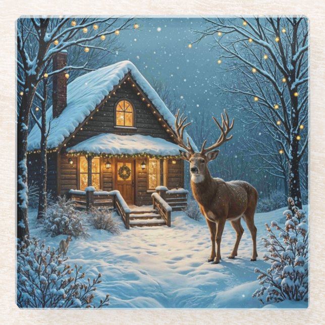  Big Buck's Snowy Christmas Visit Glass Coaster (Front)