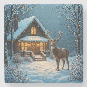 Big Buck's Snowy Christmas Visit Stone Coaster