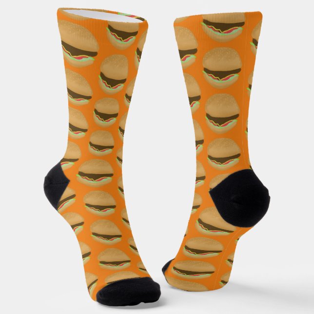 Big Burgers Hamburgers Fun Food Pattern Orange Socks (Angled)