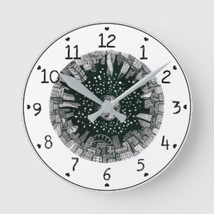 Big city under the moon black&white round clock