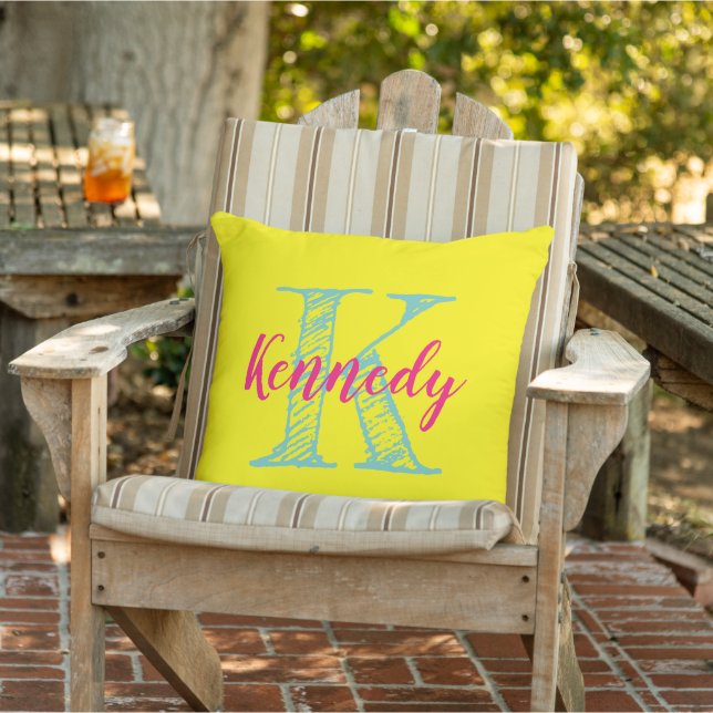 Big colourful custom family name monogram yellow cushion (Chair)