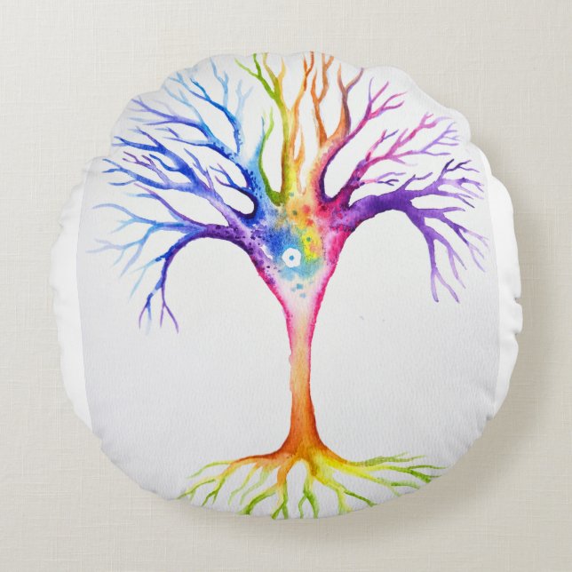Big colourful neuronal tree round cushion (Front)