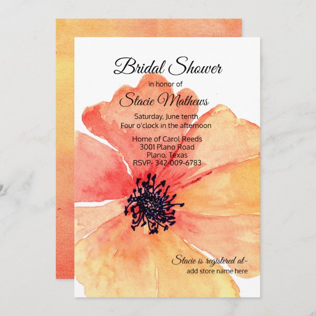Big Coral Poppy Bridal Shower Invitation (Front/Back)