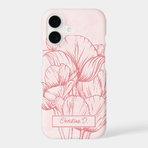Big Coral Tulips Line Drawing on Pink with Name