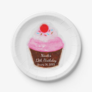 Big Cupcake & Cherry Watercolor Party Paper Plate