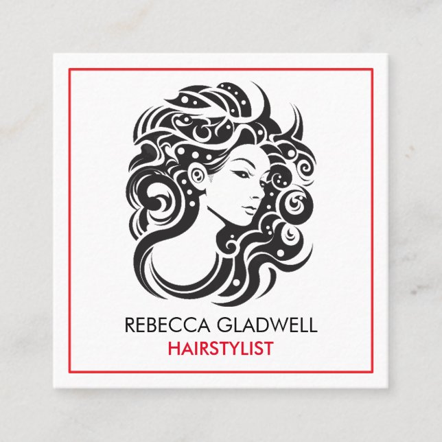 Big curly hair female portrait hair stylist  square business card (Front)