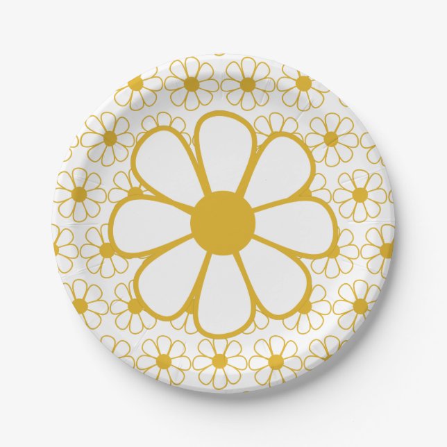 Big Daisy Cute Floral Pattern Mustard and White Paper Plate (Front)