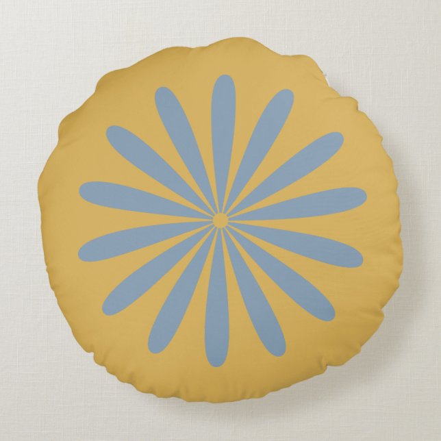 Big Daisy Retro Minimal Flower Light Blue Mustard Round Cushion (Back)