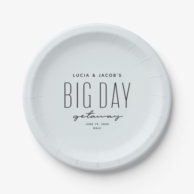 Big day getaway ocean blue destination wedding paper plate (Front)