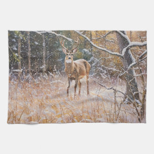 Big Deer Buck in Snow Falling Art Kitchen Towel