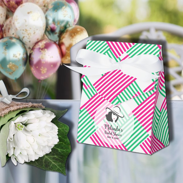 Big Derby Hat Lady Hot Pink Green Stripes Tent Favour Box (Big Derby hat lady on hot pink and green diagonal stripes ribboned tent style shower favor boxes)
