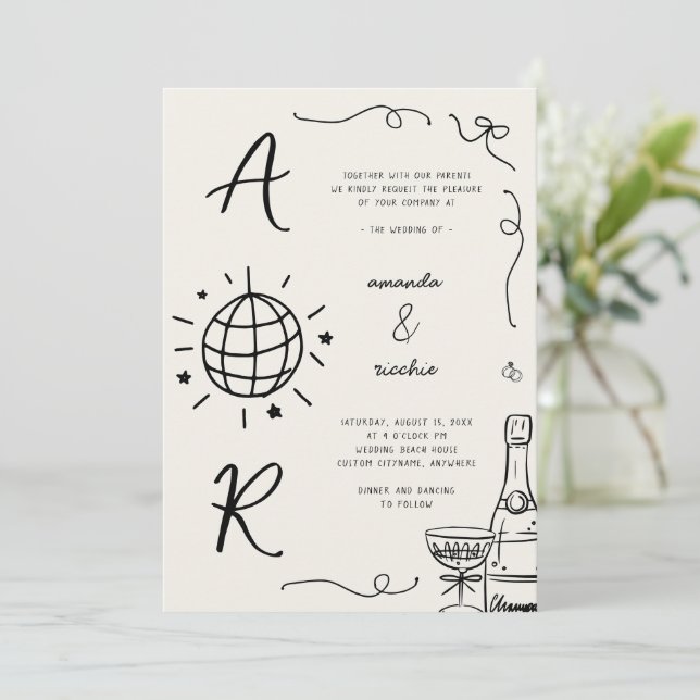 Big Disco Monogram French Fun Hand Drawn Wedding Invitation (Standing Front)