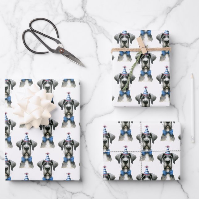 Big Dog in a Tiny Birthday Hat and Bowtie Wrapping Paper Sheet (Front)