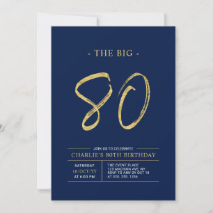 Big Eighty Gold & Navy Blue 80th Birthday Party Invitation