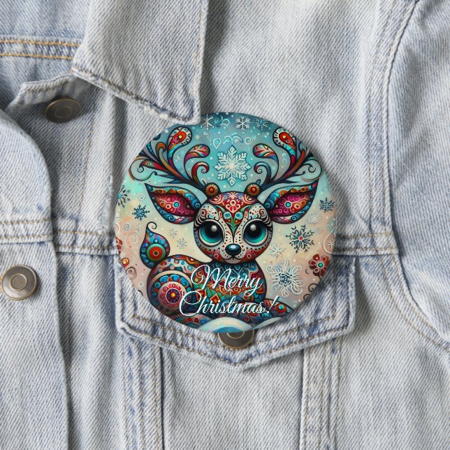 Big Eye Christmas Reindeer Folk Art Personalised 10 Cm Round Badge (In Situ)