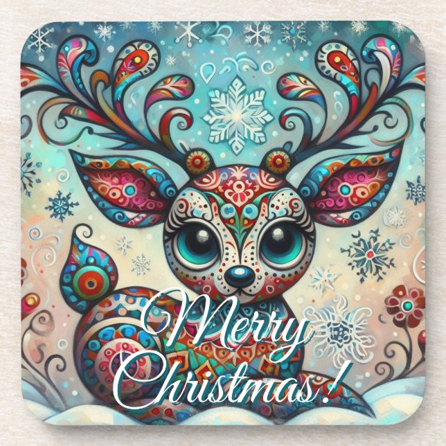 Big Eye Christmas Reindeer Folk Art Personalised Coaster (Front)