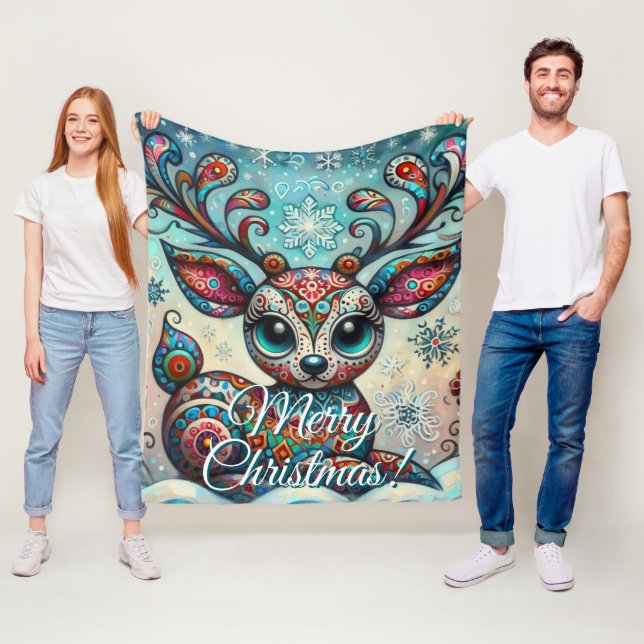 Big Eye Christmas Reindeer Folk Art Personalised Fleece Blanket (In Situ)