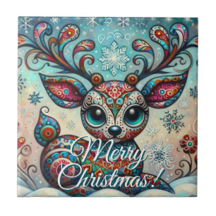 Big Eye Christmas Reindeer Folk Art Personalised Tile