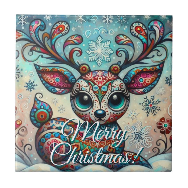 Big Eye Christmas Reindeer Folk Art Personalised Tile (Front)