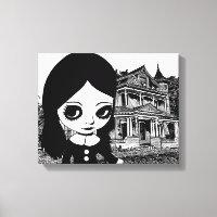 Big eye Goth girl Haunted house Original art