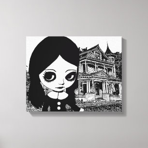 Big eye Goth girl Haunted house Original art Canvas Print